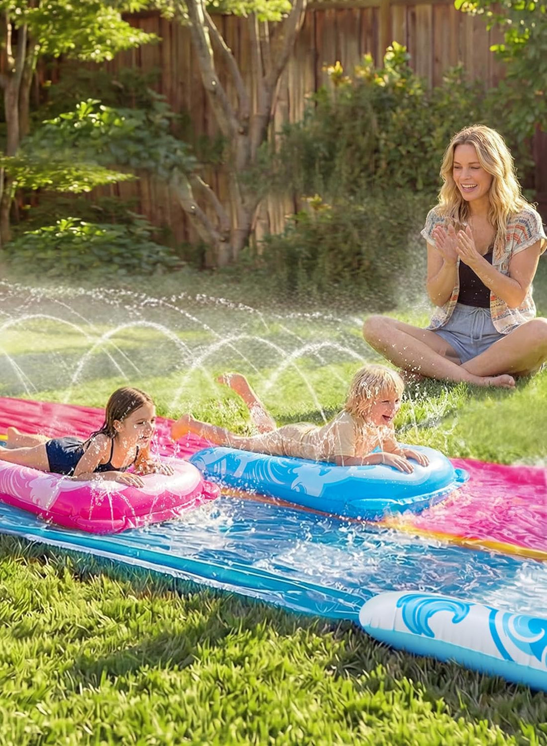 JOYIN 32,5ft/990.6cm Wasserrutsche und 2 aufblasbare Boards, extra Lange Doppel-Garten-Wasserrutsche