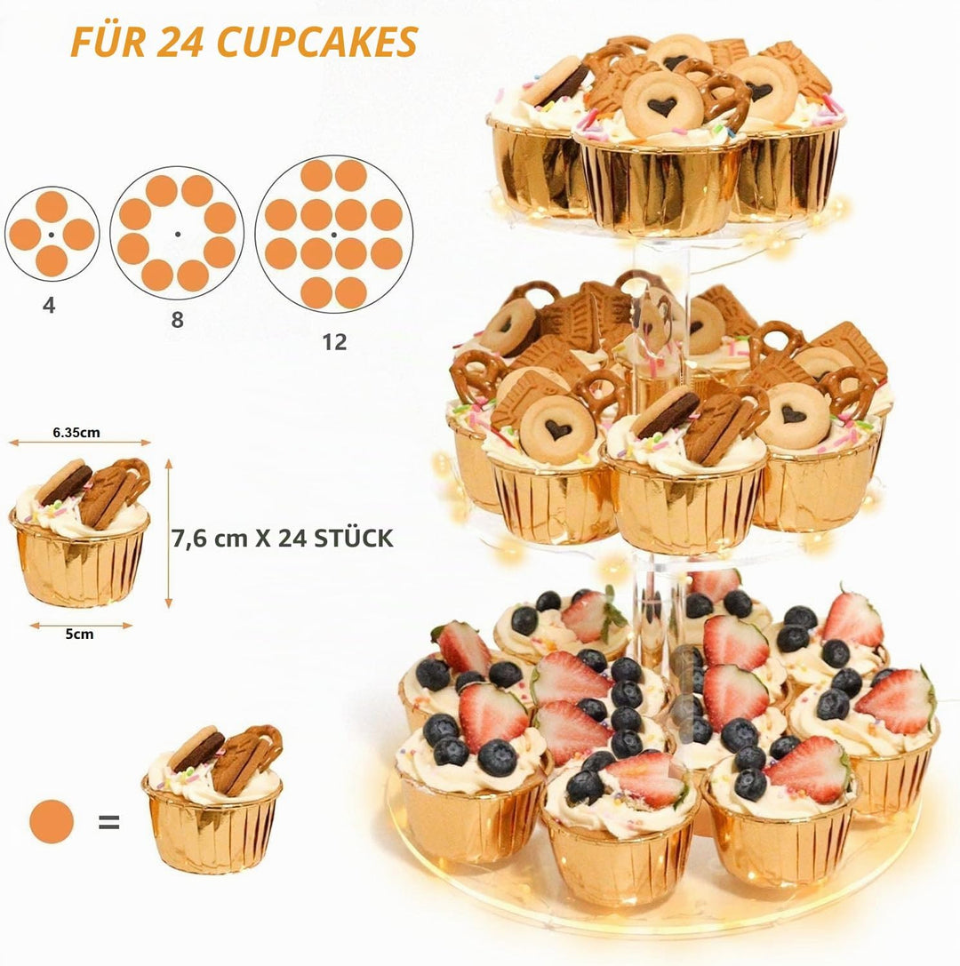 3 Etagen Cupcake Ständer, Gelb LED Lichterkette de Tortenständer Acryl für Hochzeit, Party, Geburtst
