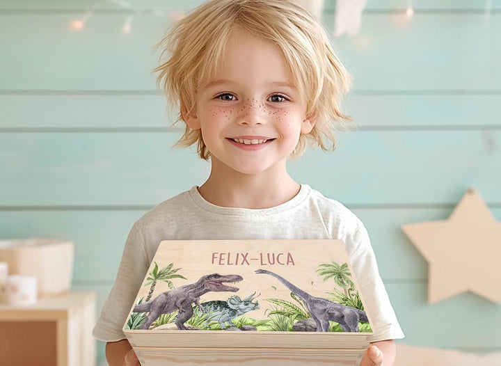 Little Deco Personalisierte Erinnerungsbox Baby Holzkiste mit Dinosaurier | M - 30 x 20 x 13 cm | Ge