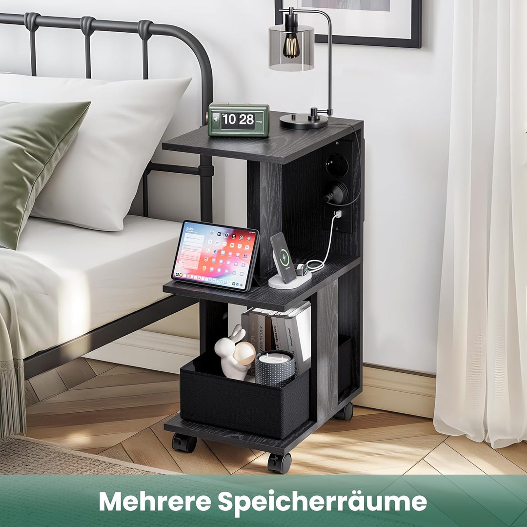 Pamapic Beistelltisch, Nachttisch mit Steckdose, Beistelltisch Schmal, 3 Ablagen C-Form Sofatisch,Co