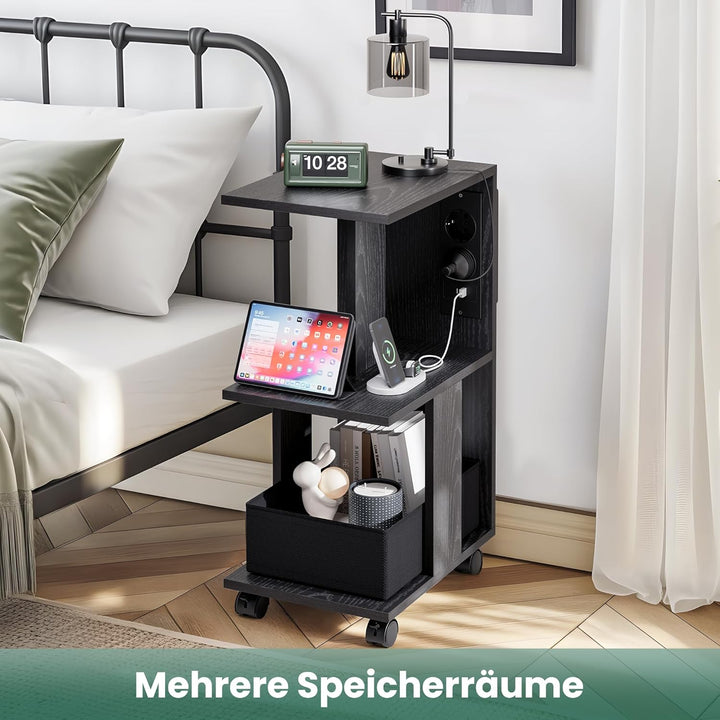 Pamapic Beistelltisch, Nachttisch mit Steckdose, Beistelltisch Schmal, 3 Ablagen C-Form Sofatisch,Co