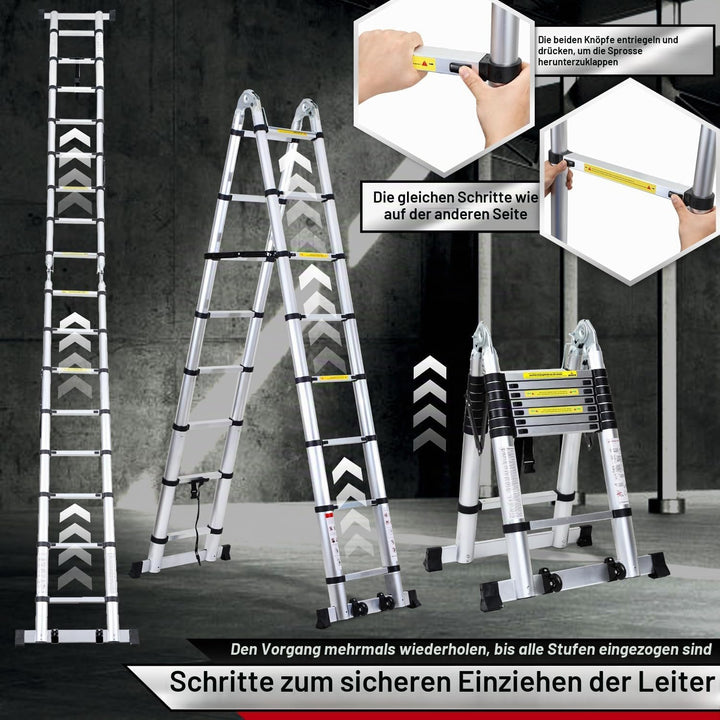 Randaco 5M (2.5+2.5) Teleskopleiter Klappleiter Aluminium, Ausziehbare Leiter, Rutschfester Aluleite
