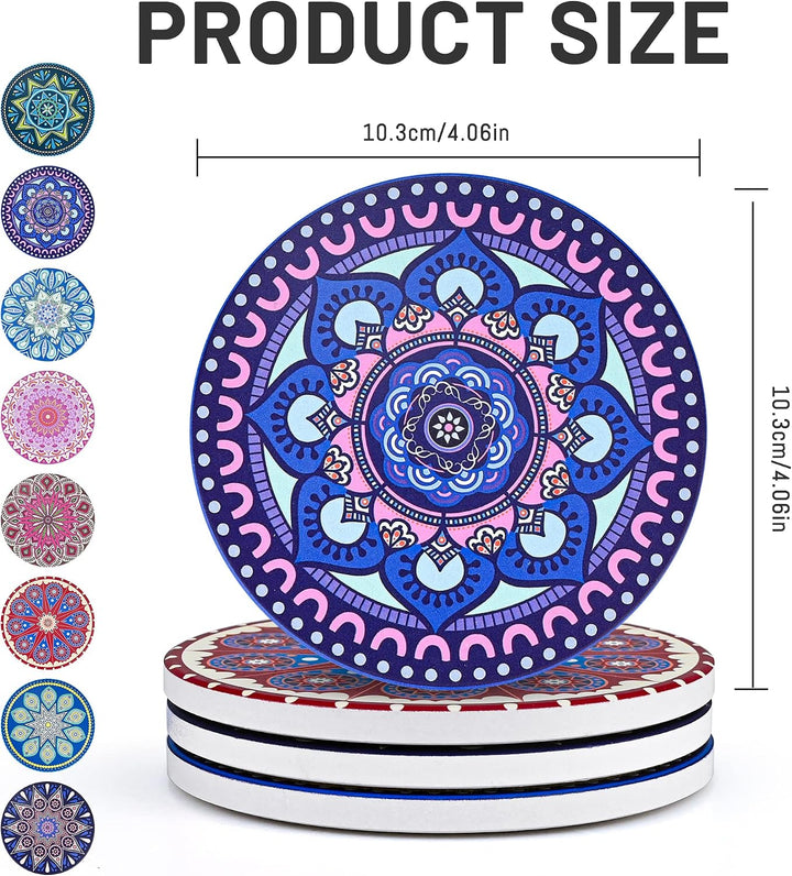 Untersetzer Gläser Keramik - 8er Set Mandala Untersetzer mit Halter &amp; Korkboden Rund Glasuntersetzer