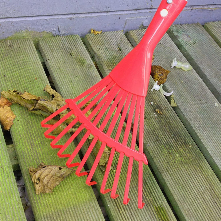 Kinder Gartenrechen Metall mit Holzstiel, Kinder Garten Spielzeug Laub Rechen Fächerbesen (Rot), Rot