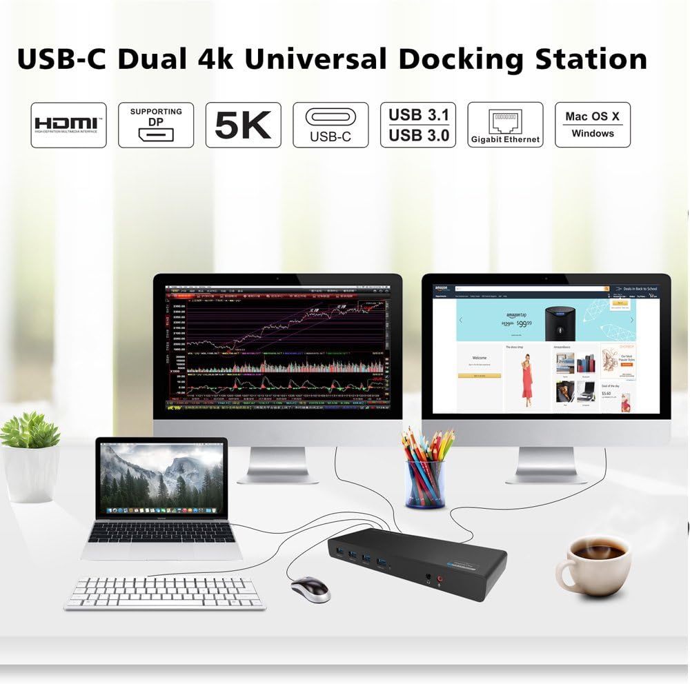 WAVLINK USB 3.0 USB C Ultra 5K Universal Docking Station unterstützt Dual 4K Videoausgänge für Mac &amp;