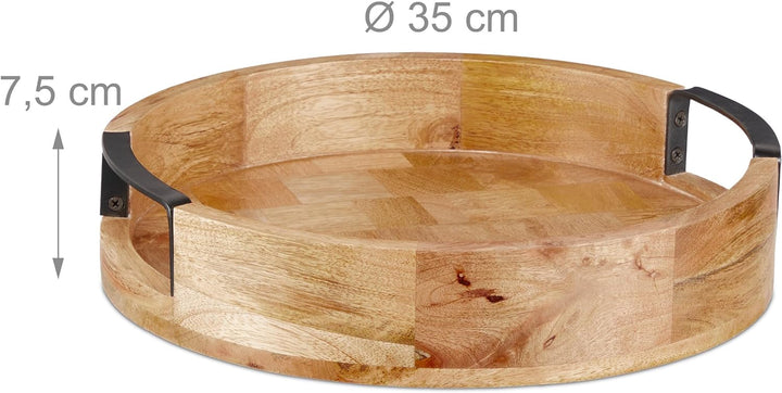 Relaxdays Tablett, rundes Serviertablett, Mangoholz, HxD: 7,5 x 35 cm, Holztablett mit Griffen, Deko