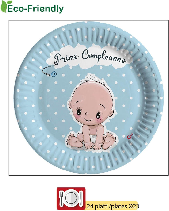 Ciao - Partygeschirr Primo Compleanno für 24 Personen (112 pcs: 24 Pappteller Ø23cm, 24 Pappteller Ø