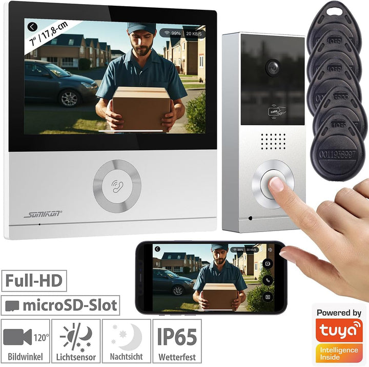 Somikon WLAN Türsprechanlage: WLAN-Full-HD-Video-Gegensprechanlage mit 17,8-cm-Touchscreen (7"), App
