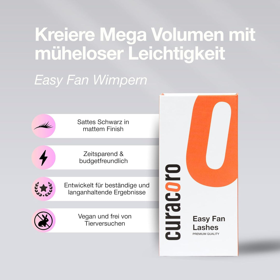 Curacoro Easy Fan Wimpern Extensions 0,03–0,07mm, C/CC/D Curl, 9–16mm, gemischt & Einzellängen, supe
