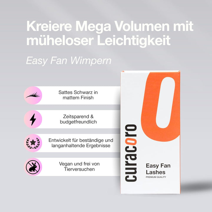 Curacoro Easy Fan Wimpern Extensions 0,03–0,07mm, C/CC/D Curl, 9–16mm, gemischt & Einzellängen, supe
