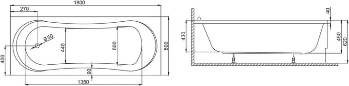 BADLAND Badewanne Original Weiss Acryl Wanne Rechteck GRACJA 180x80 KOMPLETTSET SET mit Premium Wann