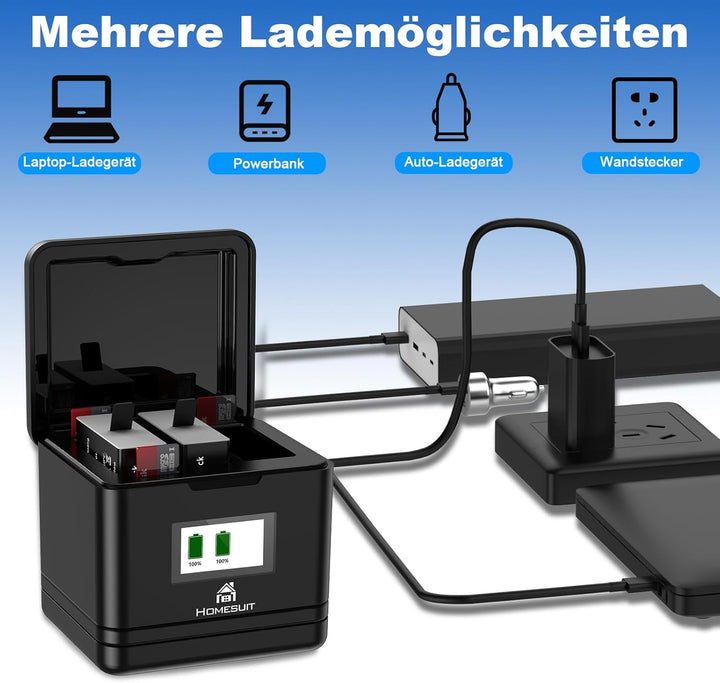 Homesuit Hero 12 11 10 9 Akku Enduro 1800mAh und 3-Kanal LCD USB Ladegerät 2er-Pack (HERO12Black/HER