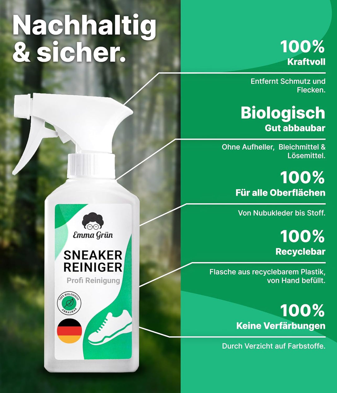 Emma Grün® Sneaker Cleaner Reinigungsset 250ml [Bürste + Schwamm] - Nachhaltiges Schuhpflege Komplet