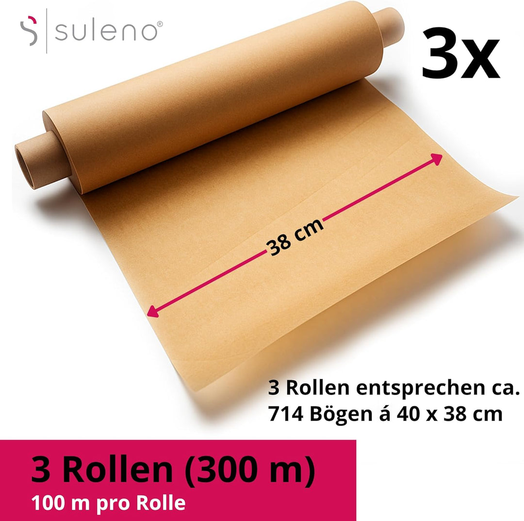 Suleno 3 x Backpapier Rolle, 38 cm x 100 m, Antihaftbeschichtet, Hitzebeständig bis 220 °C, Beidseit