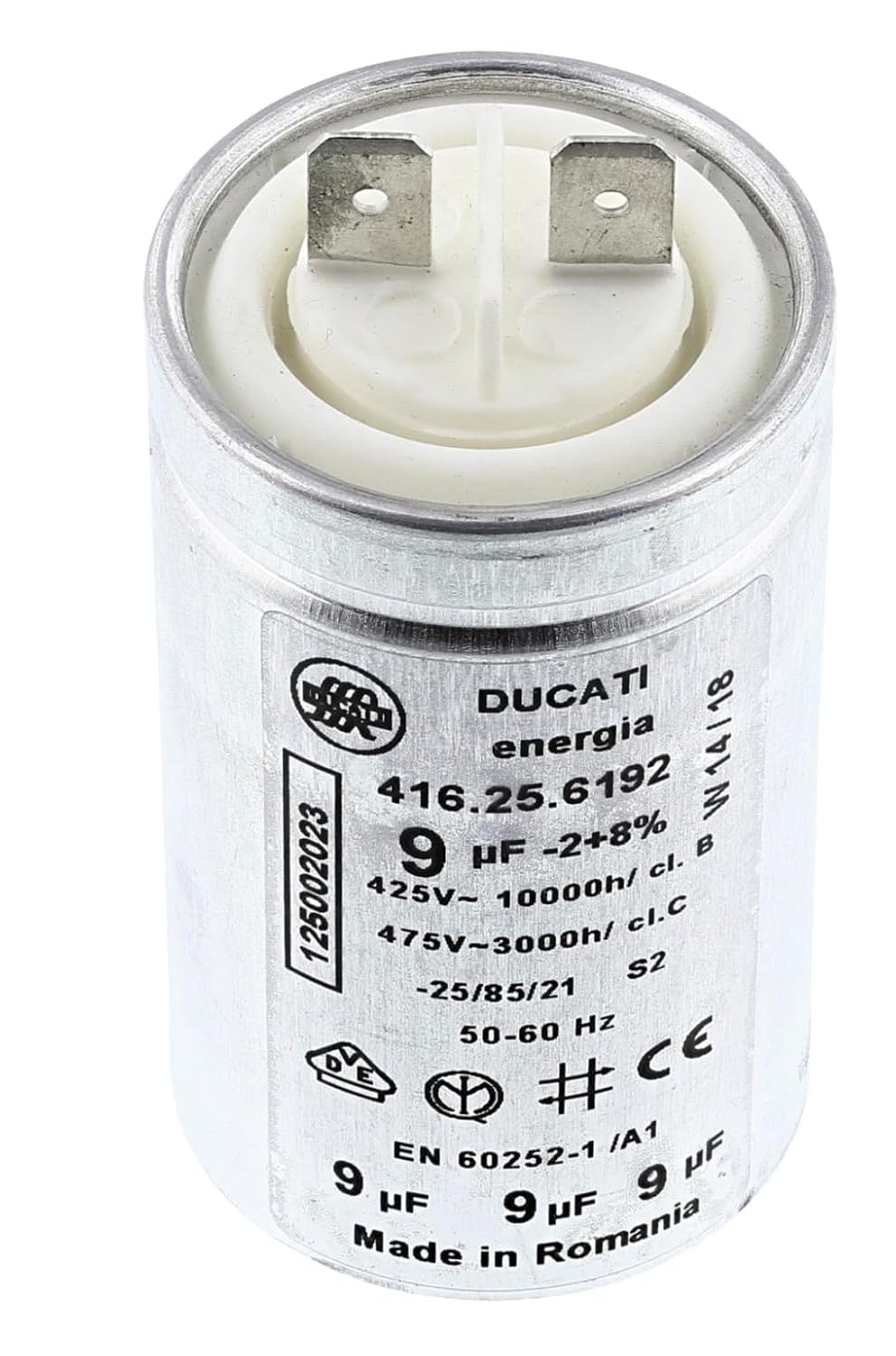 Startkondensator aus Metall, 9,UF-475 V, Faston, 6,3 mm