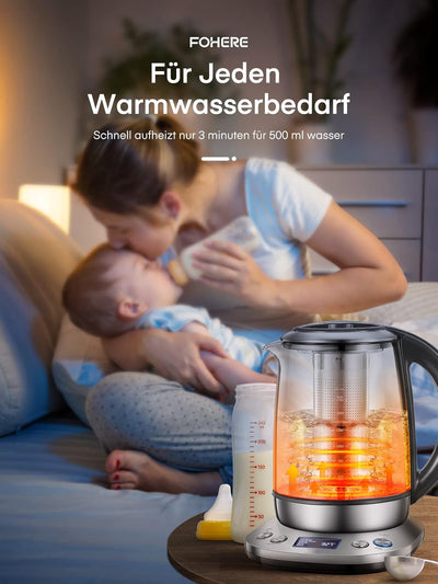 Wasserkocher mit Temperatureinstellung - FOHERE 2200W Wasserkocher Glas - 6 Voreinstellungen - 2 Stu