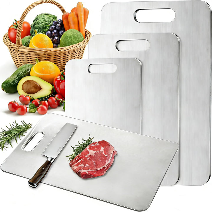 Schneidebrett Edelstahl, 3 Stück Titan Schneidebrett, Titanium Cutting Board, Doppelseitiges Lebensm