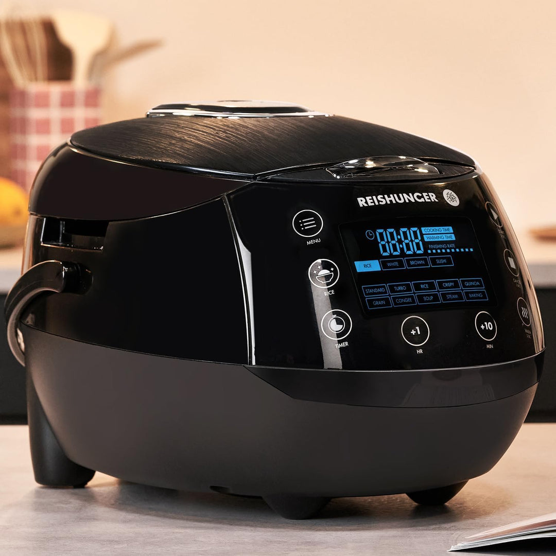 Reishunger Digitaler Reiskocher & Dampfgarer Schwarz + Gratis Kochbuch – Warmhaltefunktion, Timer &