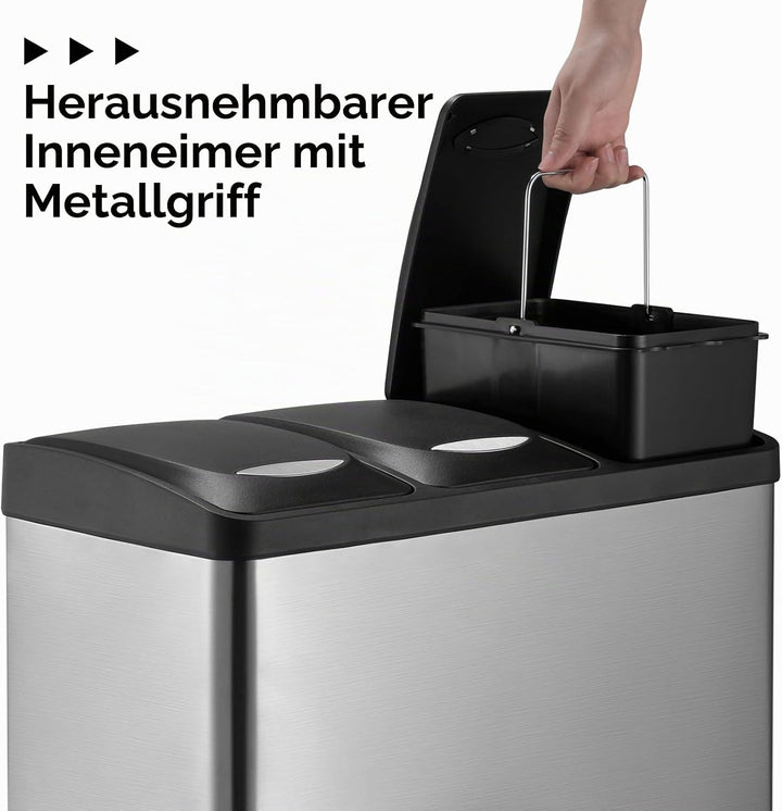 LIFERUN Mülleimer 3 Fächer, 3x 8L Mülltrennsystem, 24 Liter Abfalleimer Küche, Kleiner Treteimer aus