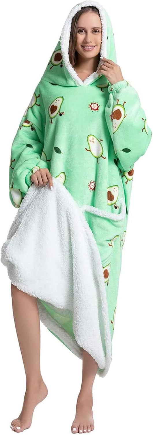 Queenshin Grüne Avocado Hoodie Decke Langes Dicke mit Ärmeln Kuscheldecke Deckenpullover für Damen H