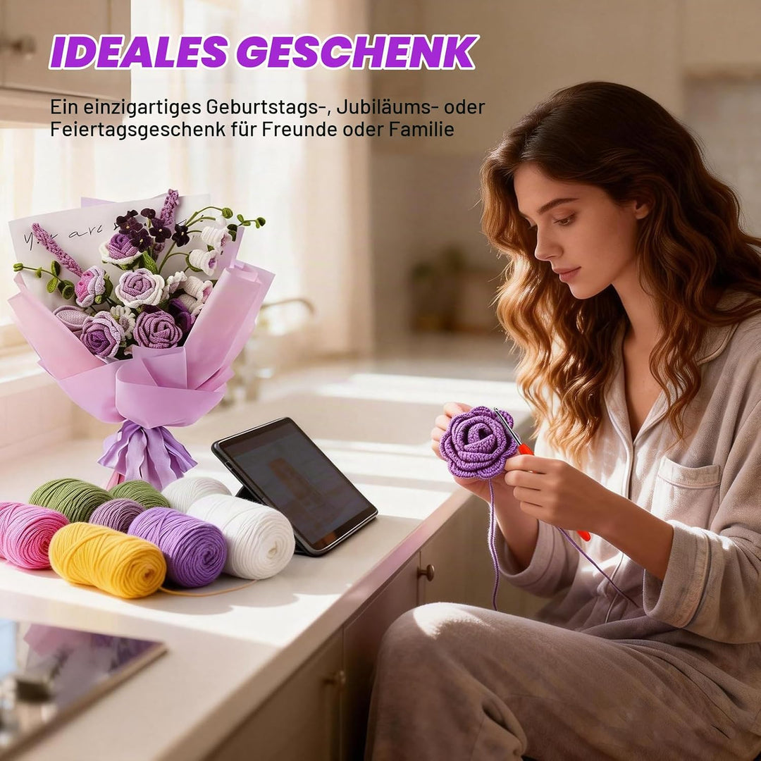BoloShine Häkelset Blumen, Rose Blumenstrauss Häkelset für Anfänger Erwachsene, Häkelblumen Set mit