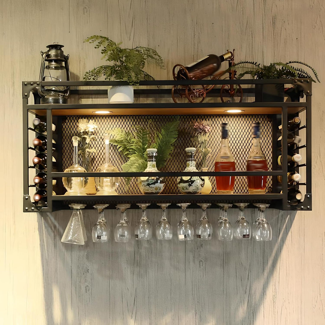 Weinregal zur Wandmontage, 2 Lagig Hängend Deckenregal Weinregal mit Glashalter, Industrielles Metal