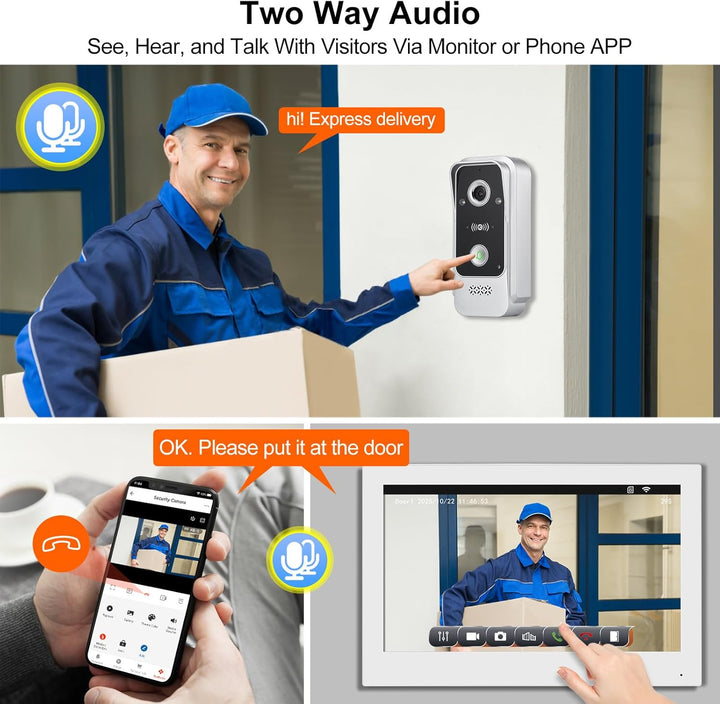 2 Draht WLAN 1080P HD Video-Türglocke-Kamera mit Monitor, Video-Türtelefon Intercom-System, 10 Zoll
