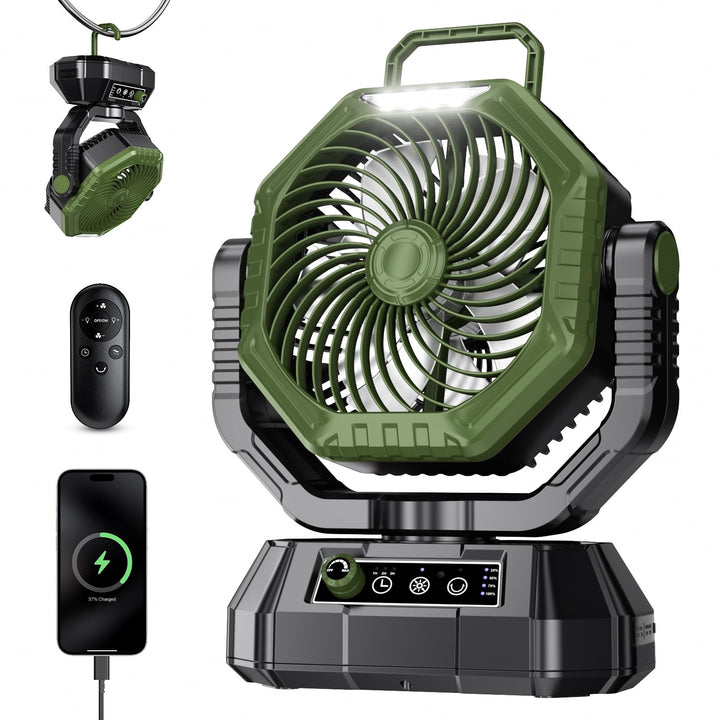 AJVV Camping Ventilator mit akku 20000mAh, Akku Ventilator mit Fernbedienung/LED Licht/270° Drehung,