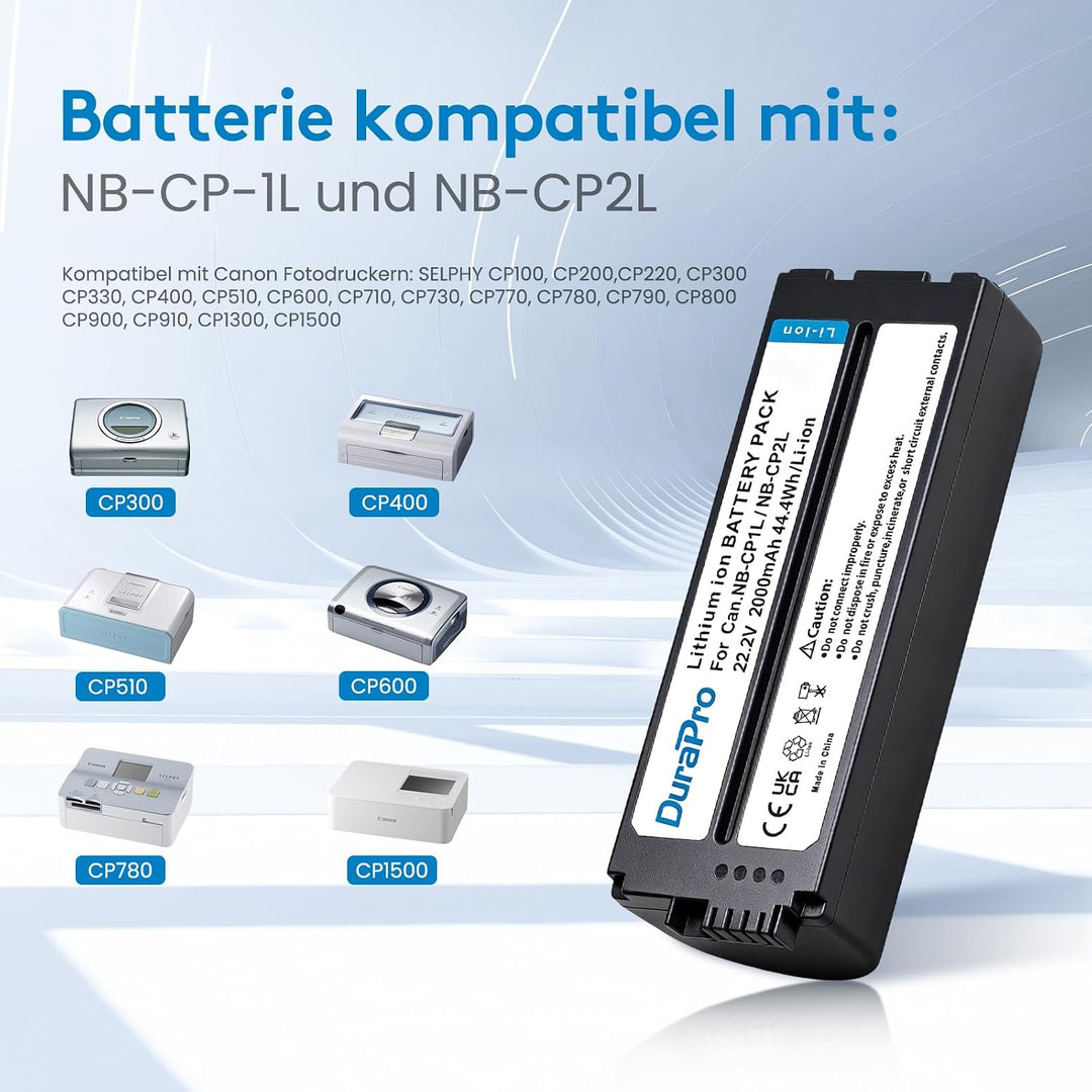 DuraPro 2000mAh NB-CP2L NB CP2L Battery Akku für Canon NB-CP1L CP2L Canon Fotodrucker SELPHY CP800,