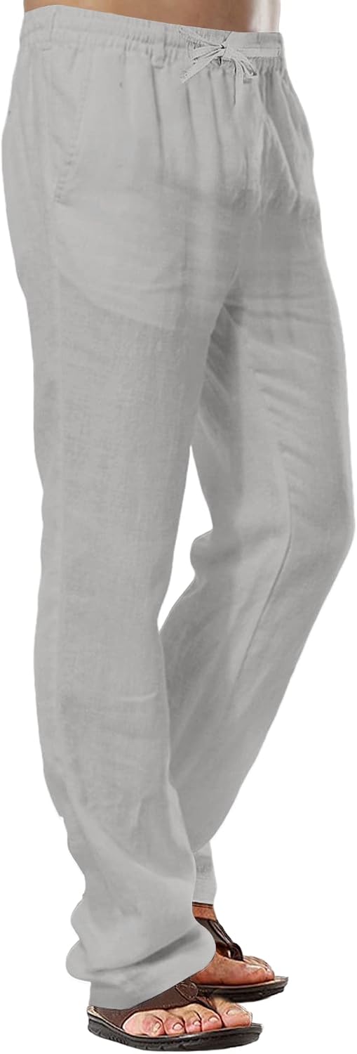 Herren-Leinenhose, lässige Baumwollhose, Sommerhose, Strandhose, leichte Hose mit Kordelzug S Hellgr