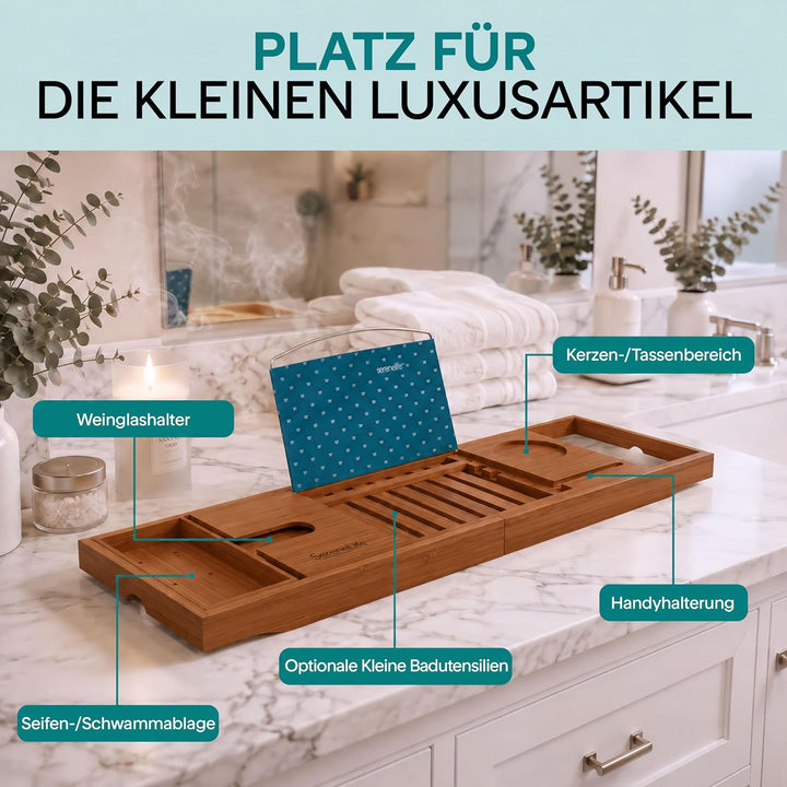 SereneLife Badewannenablage aus natürlichem Bambus, ausziehbares Badewannenbrett, Ablage Badewanne E