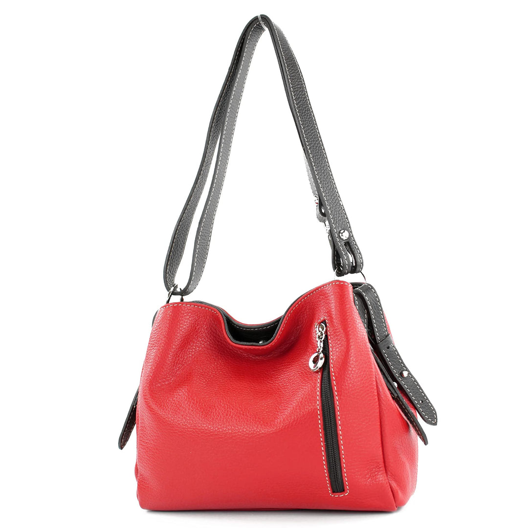 modamoda de - T220 - ital. Schultertasche Klein aus Echtleder Rot/Dunkelbraun, Rot/Dunkelbraun