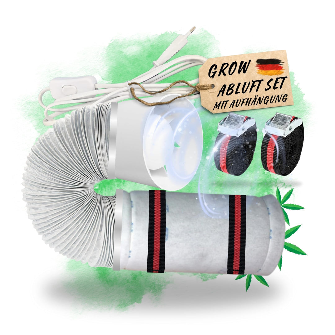 Grow Abluft Set 100mm leise mit Aktivkohlefilter Aufhängung Belüftungsset für Growbox Lüfter Abluftl