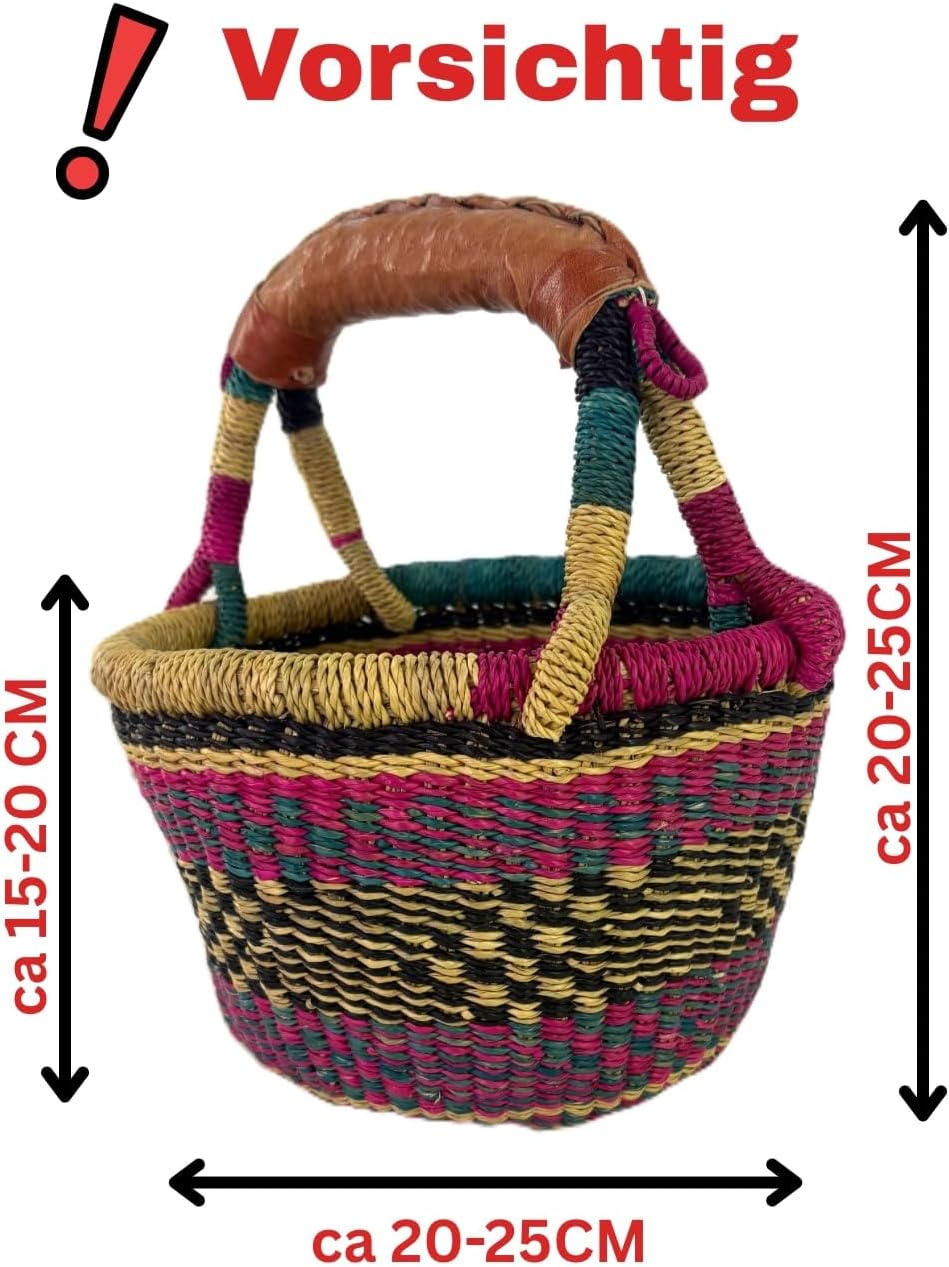 Kleiner Bolga Rundkorb Korb Original Afrika Ghana Einkaufskorb Ledergriff Fair Trade Ca : 20cm