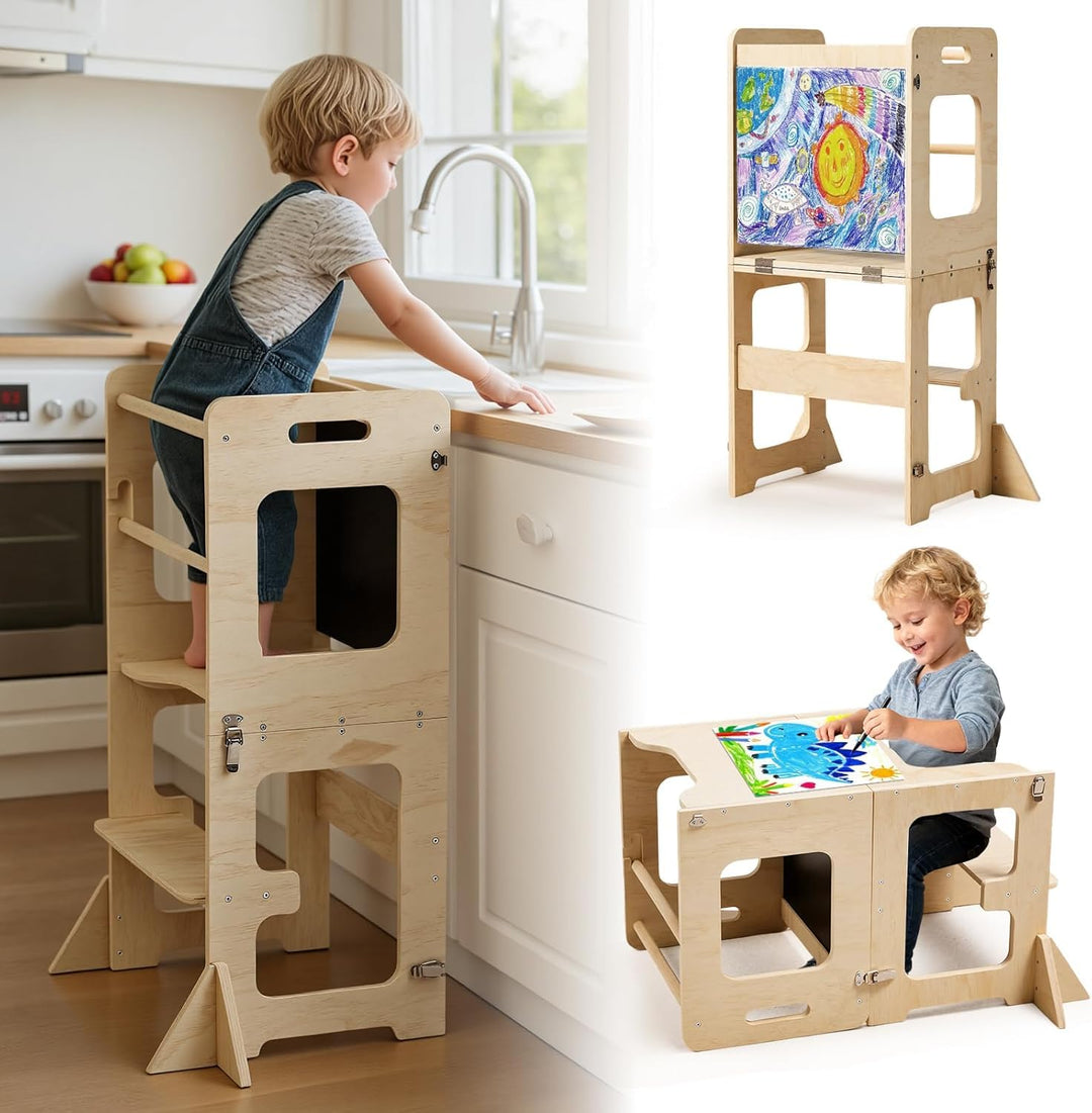 Labebe Lernturm für Kinder, Faltbarer Montessori Learning Tower, 3 in 1 Montessori Küchenhelfer Lern