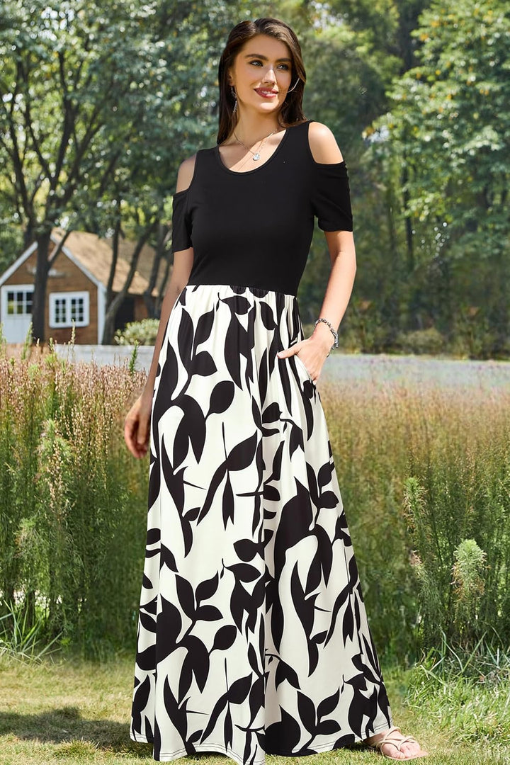 STYLEWORD Sommerkleid Damen Lang Kurzarm Maxikleid Blumen Kleider mit Taschen S Aprikose Schwarze Bl