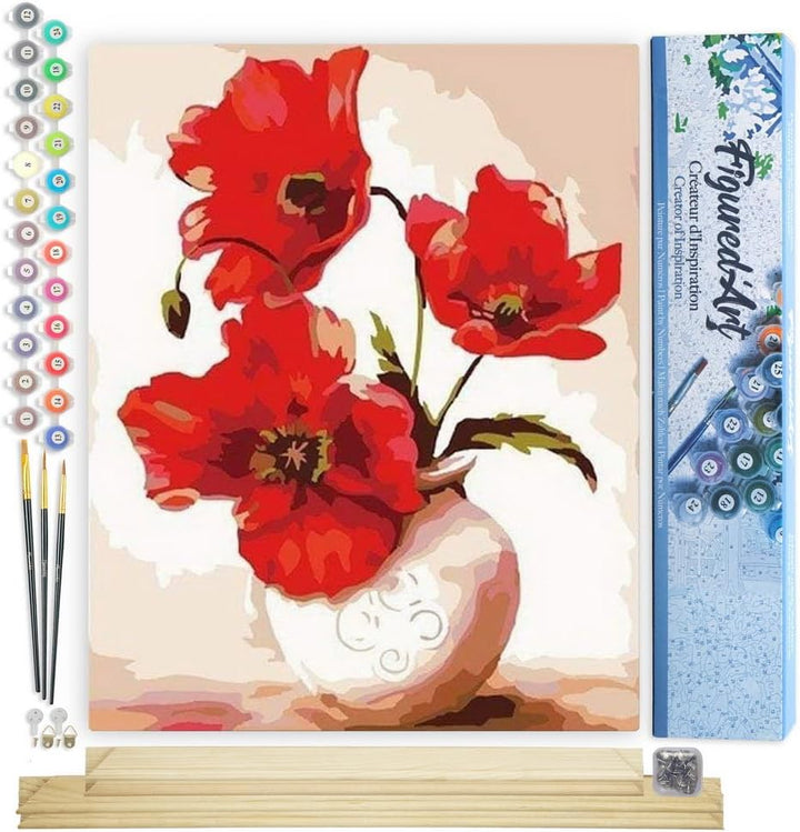 Figured'Art Malen Nach Zahlen Erwachsene Mit Rahmen Schöne rote Mohnblumen - Paint by Numbers Bastel