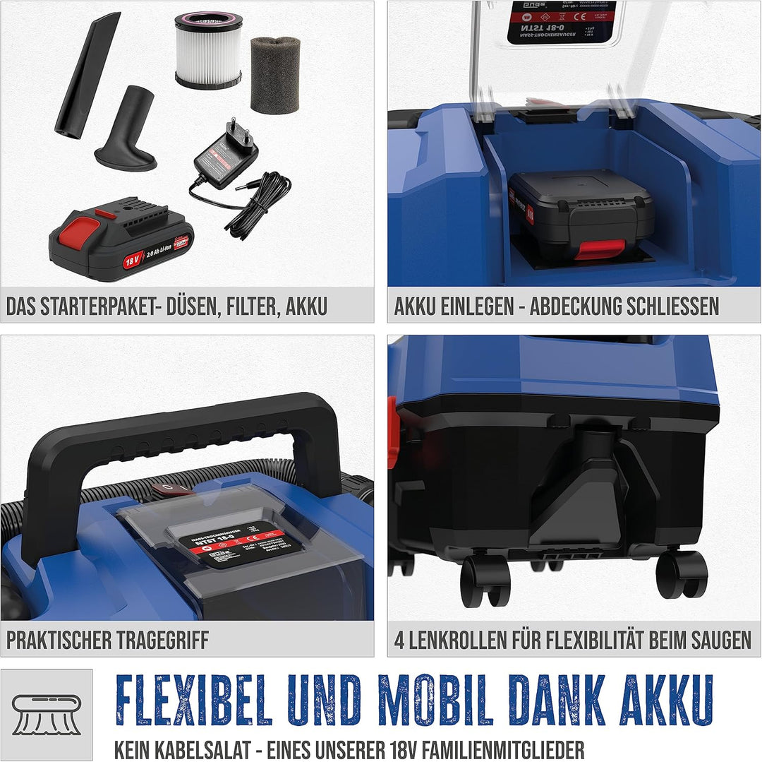 Güde Akku Nass Trockensauger NTST 18-201-05 (18V, 10 l Auffangbehälter, 4 Lenkrollen, Boden- & Fugen