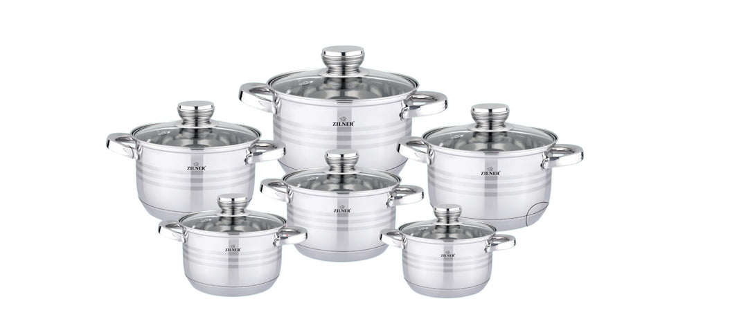 Zilner Topfset - Kochtopf Set 12-teilig - Edelstahl - mit Glasdeckeln - für alle Herdarten - Silber