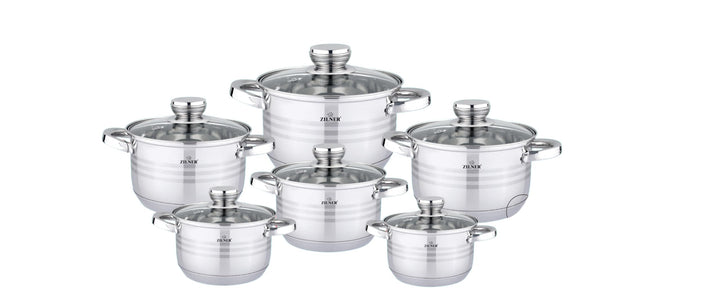 Zilner Topfset - Kochtopf Set 12-teilig - Edelstahl - mit Glasdeckeln - für alle Herdarten - Silber