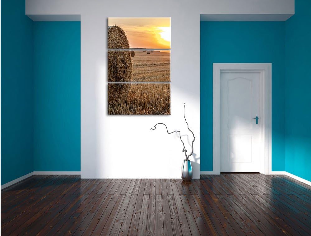 Pixxprint Strohballen auf Feld als Leinwandbild/Grösse: 3 Teilig (120x80) cm/Wandbild/Kunstdruck/fer