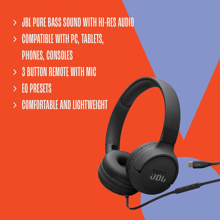 JBL Tune 520C, kabelgebundene On-Ear-Kopfhörer mit Mikrofon, JBL Pure Bass Sound, EQ-Presets, USB-C-