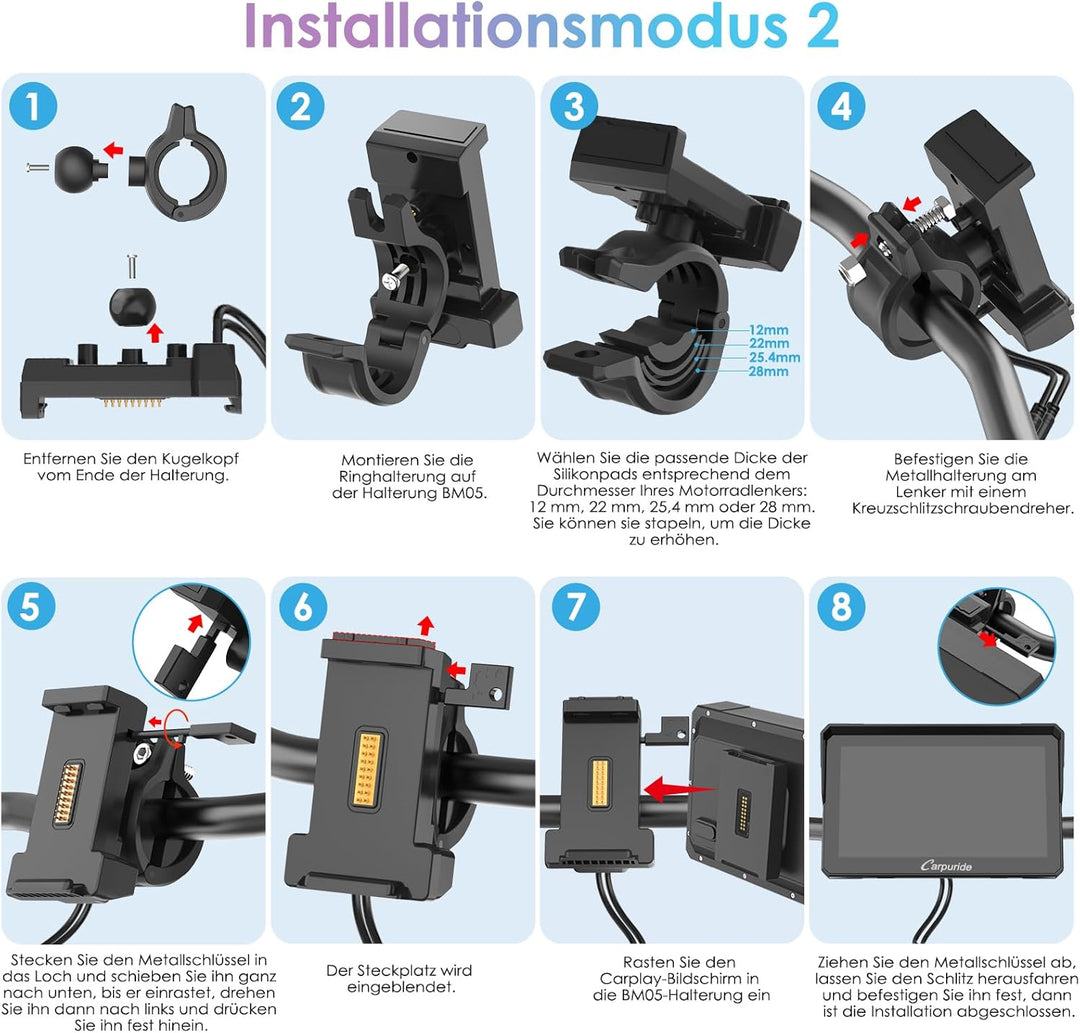 W702S Pro Motorrad Carplay Bildschirm mit BM05 Halterung für Plug-and-Play, Kabellos CarPlay & Andro