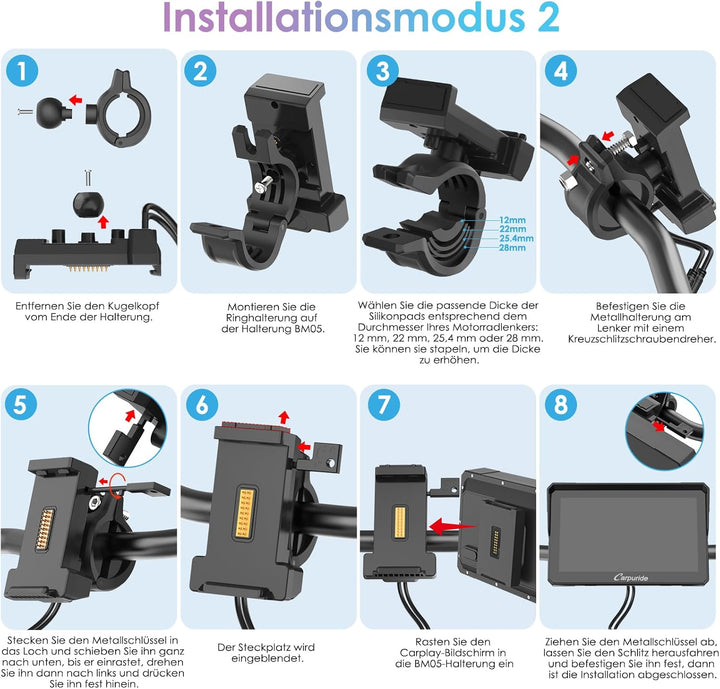 W702S Pro Motorrad Carplay Bildschirm mit BM05 Halterung für Plug-and-Play, Kabellos CarPlay & Andro