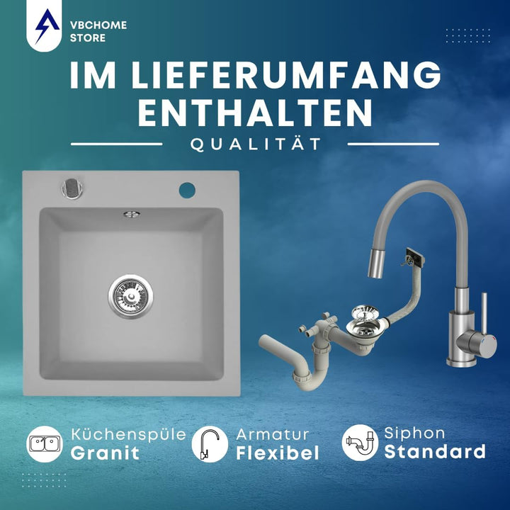 VBChome Granitspüle 50 x 48 cm Grau mit flexibler Armatur Einzelbecken Einbauspüle Gesprenkelt Pfleg
