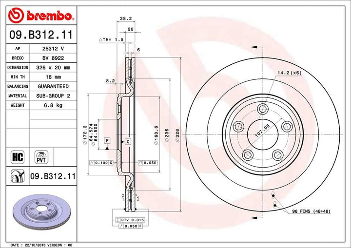 Brembo 09.B312.11 Hintere Bremsscheibe mit UV Lackierung, Anzahl 2