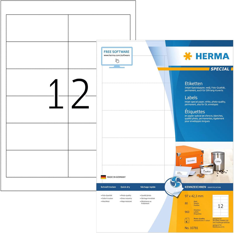 HERMA 10781 Adressetiketten für Inkjet Drucker, 80 Blatt, 97 x 42,3 mm, 12 Stück pro A4 Bogen, 960 A