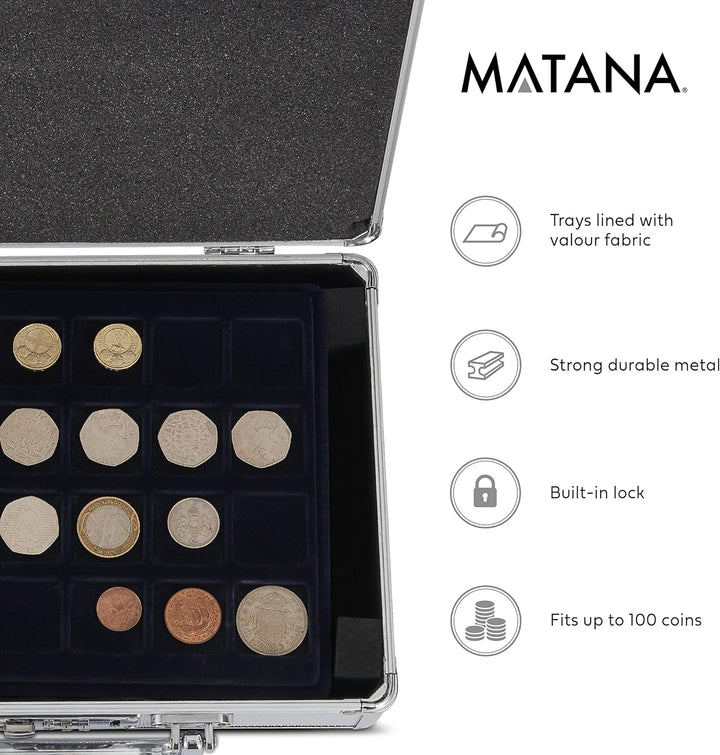 MATANA Premium Aluminium Münzkoffer mit 6 Tabletts und Zahlenschloss - Für Alle Münzgrössen, bis zu