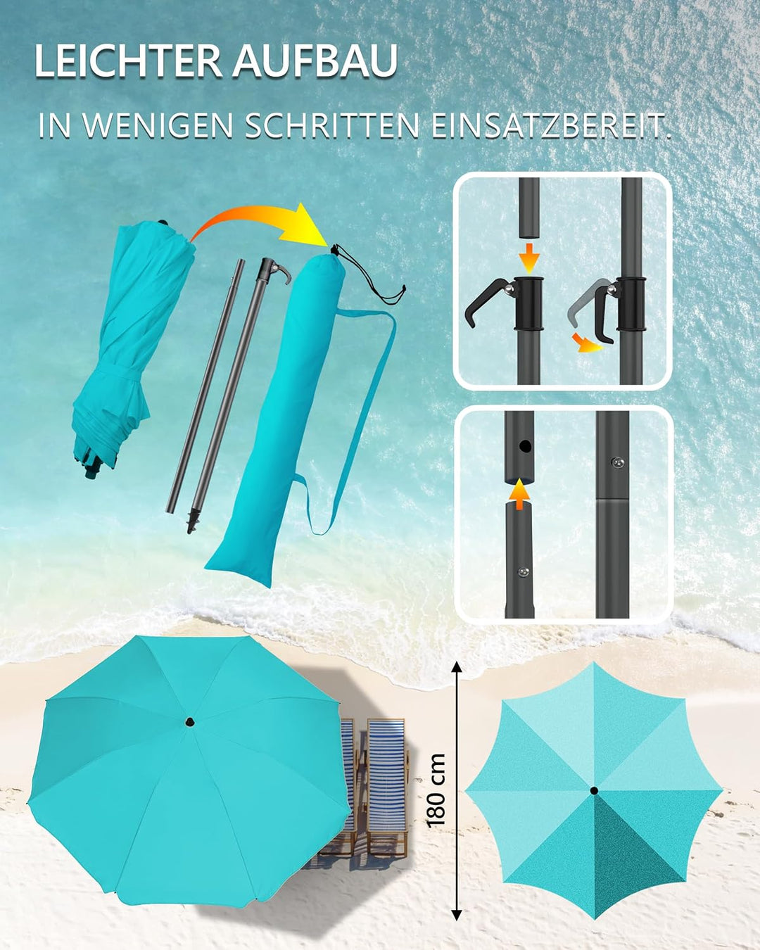 4smile Sonnenschirm Strand Ø 180 cm, 3-in-1 SET mit Rasendorn, Türkis | Strandschirm windfest stabil