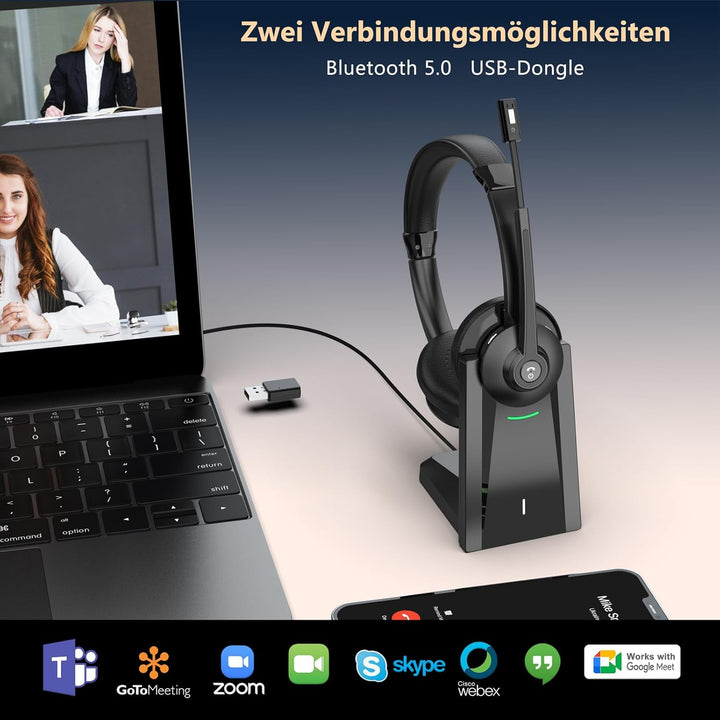 Earbay Bluetooth Headset mit Mikrofon, Kabelloses Headset mit Ladestation & USB Dongle, Kabellose mi
